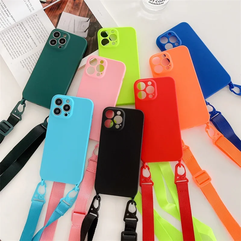 Crossbody Strap Lanyard Cord Phone Case For iPhone 15 14 13 12 Mini 11 Pro XS Max XR X SE 2 3 7 8 Plus Silicone Soft TPU Cover