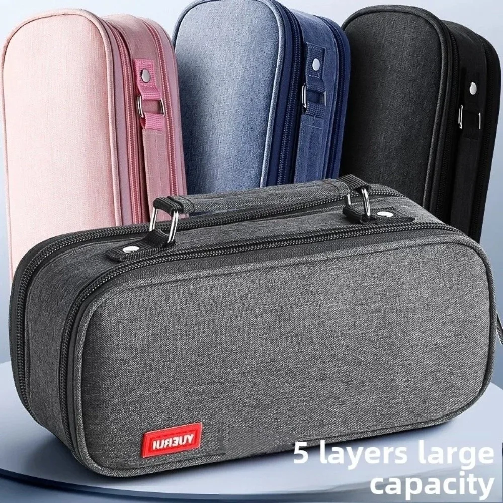 

Portable Canvas Pencil Bag Handheld Thickening Large Capacity Stationery Bag Multi-functional 5 Layers Storage Box Stationery