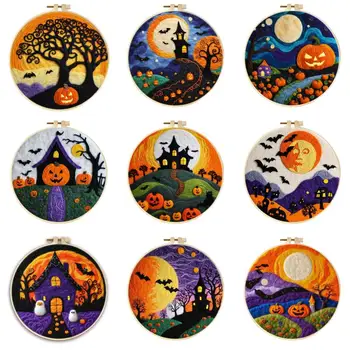 Chenistoryニードルフェルトスターター、ハロウィーンのカボチャの風景、ウールの塗装ツールキット、DIYギフト、20x20cm