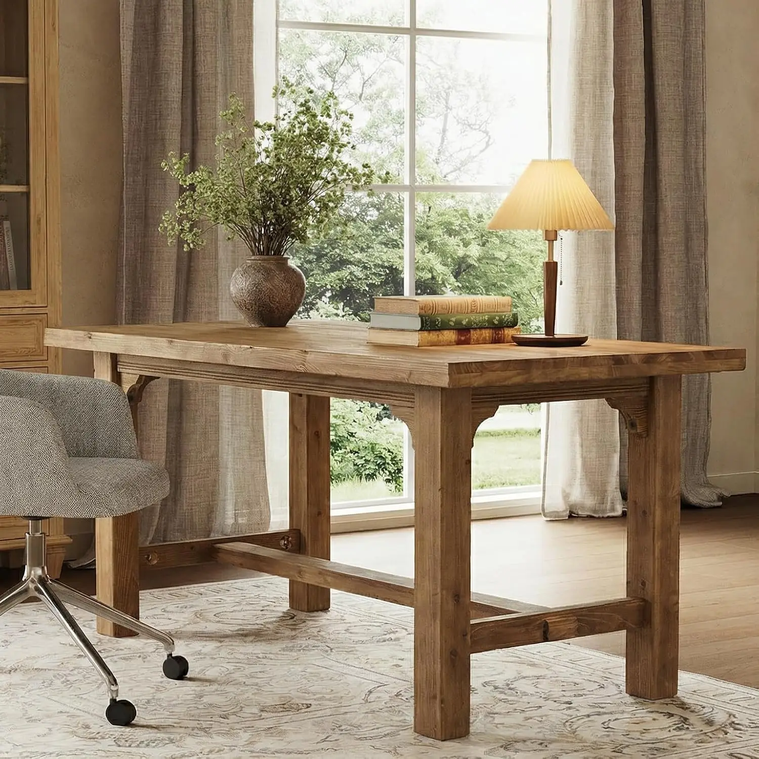 Solid Wood Executive Desk 63-Inch Farmhouse Office Desk Thick Legs Large Writing Table Foot Bar Home Office, Customized