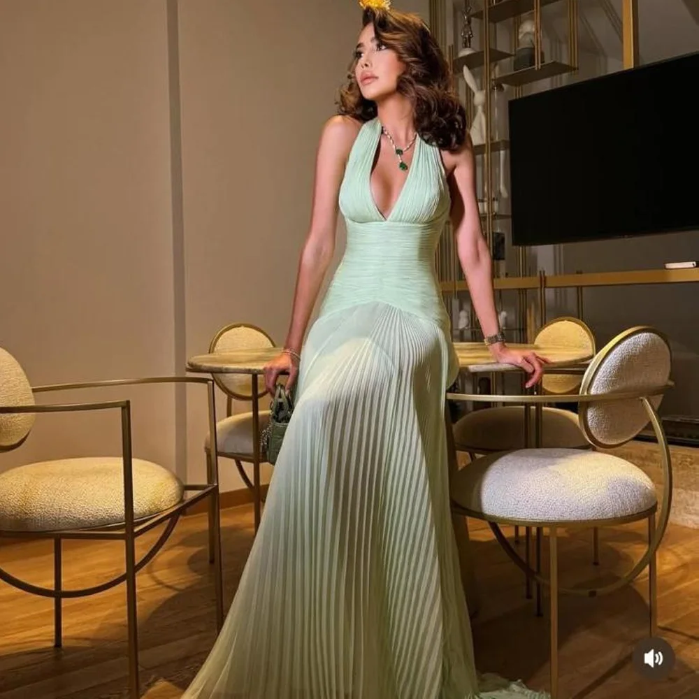 

A-Line Halter Fashion Evening Dress Customized High Quality Sleeveless Party Dresses Floor Length Zipper Back Prom Dress