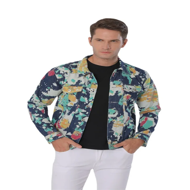 Lapels High Quality Men Denim Jackets Camouflage Colored Flowered Cloth Long Sleeve Elasticless Denim Jacket