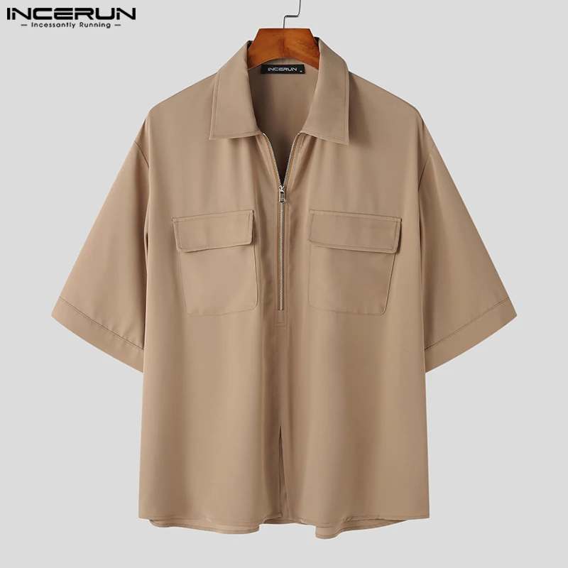 Handsome Well Fitting Tops INCERUN 2024 Men Half Zip Lapel Pocket Shirts Casual Streetwear Solid Short Sleeve Lapel Blouse S-5XL