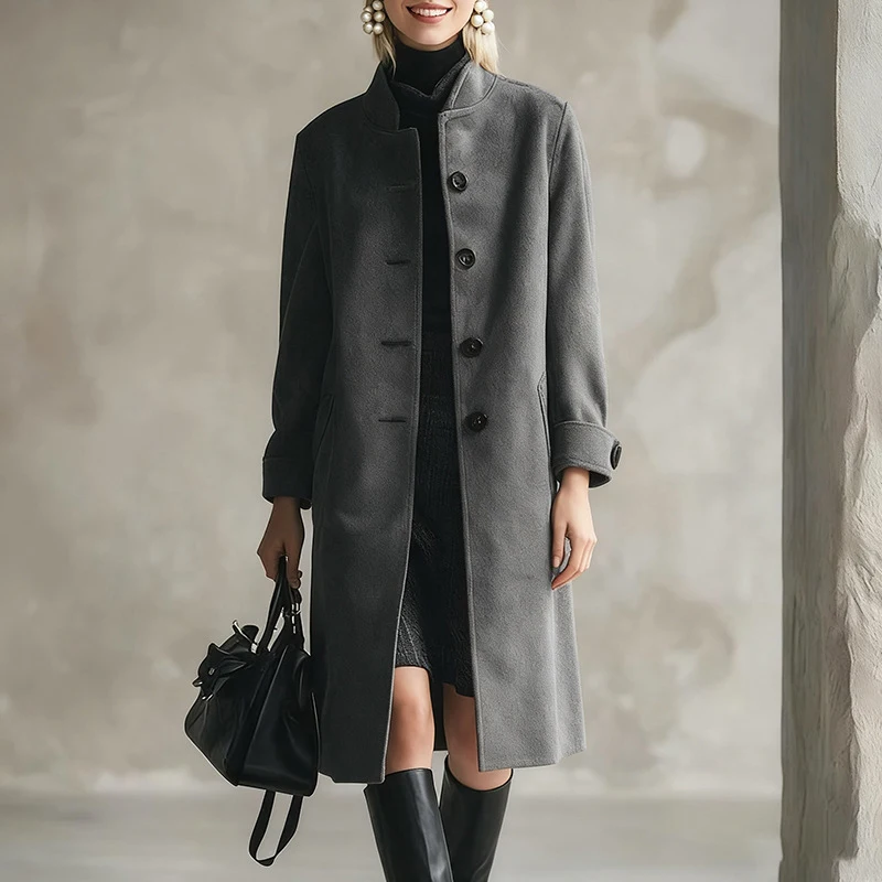 

Свободное пальто на пуговицах с воротником-стойкой в уличном стиле, осеннее и зимнее модное однотонное пальто с длинными рукавами