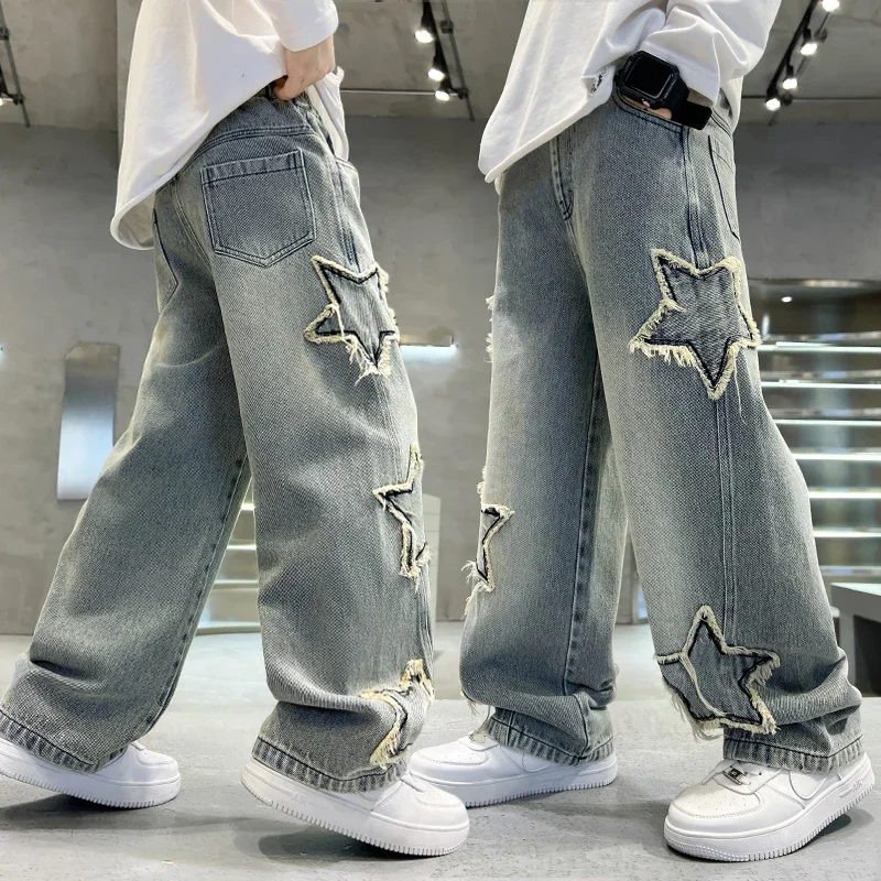 Boys\' pants spring and autumn five-pointed star splicing raw edge jeans boys wide-leg pants washed denim youth pants 7-14 years