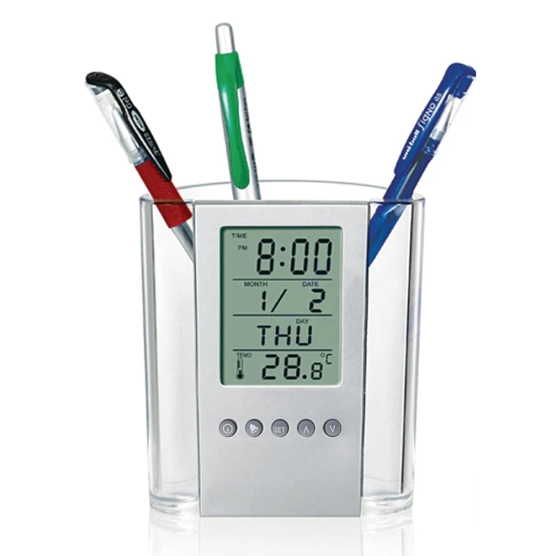 LCD Digital Alarm Meja Pensil Pena Pemegang Termometer Kalender