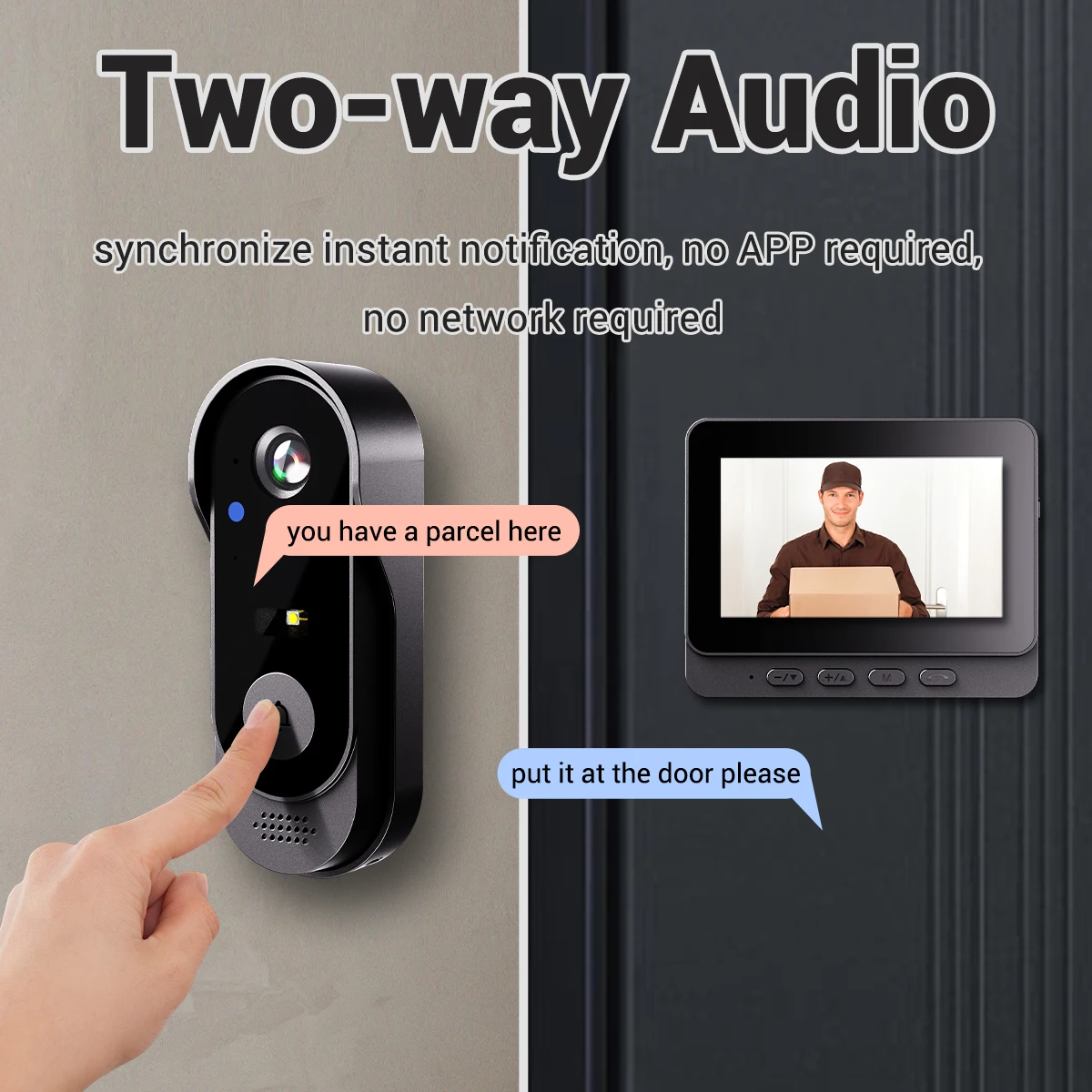 video doorbell with 4.3 inch monitor, IP66 water proof, TF card supported, local storage, auto capture, auto recording