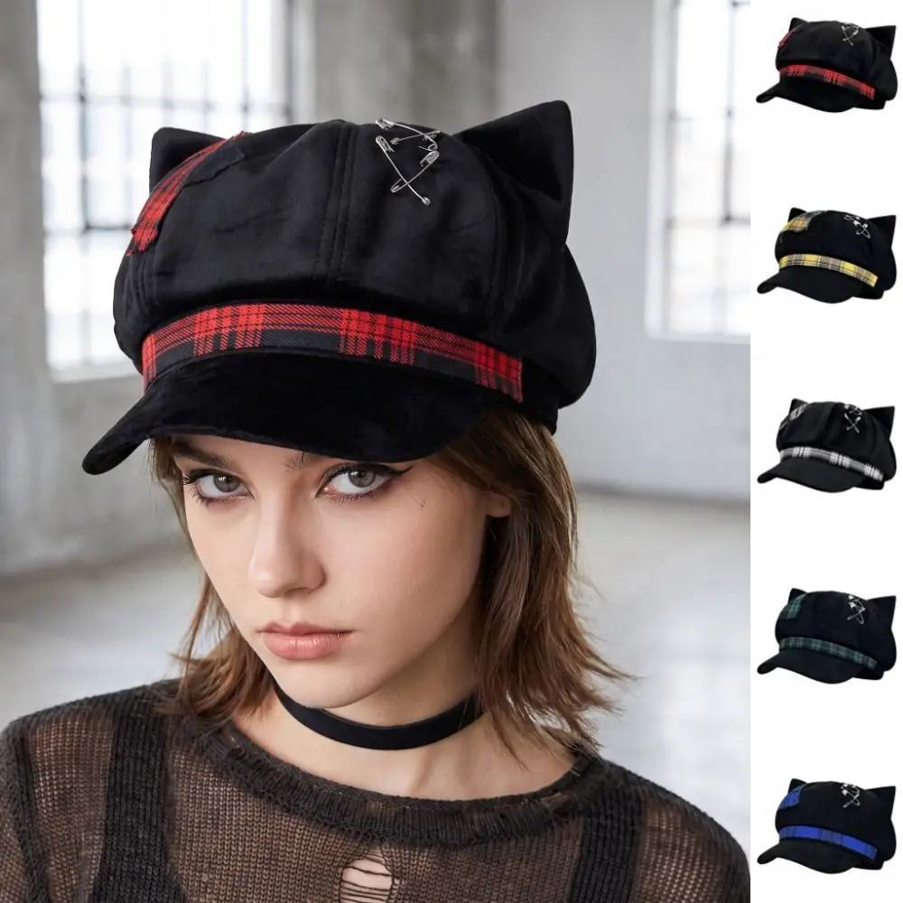 Cool Thin Brim Cat Ears Beret Hat Y2K Spice Girl Painter Artist Cap Cross Irregular Newsboy Peaked Hat Girls
