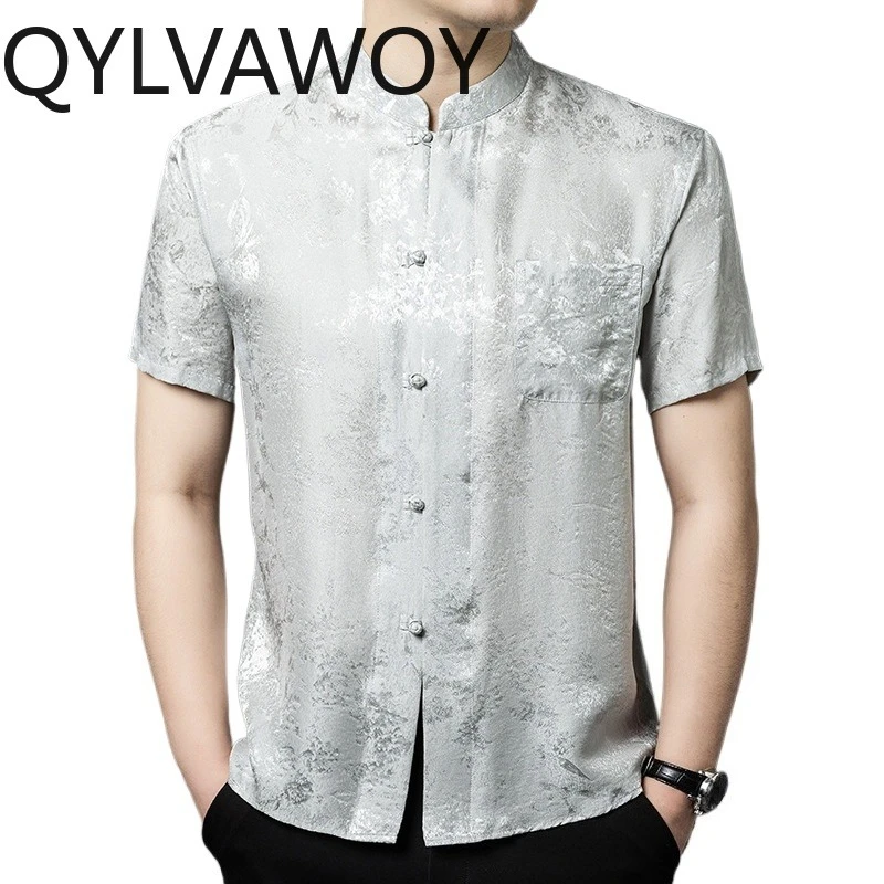 

QYLVAWOY 100% Real Mulberry Silk Men's Shirts Summer Shirts for Men High Quality Short Sleeve Shirts Stand Collar Chinese Style