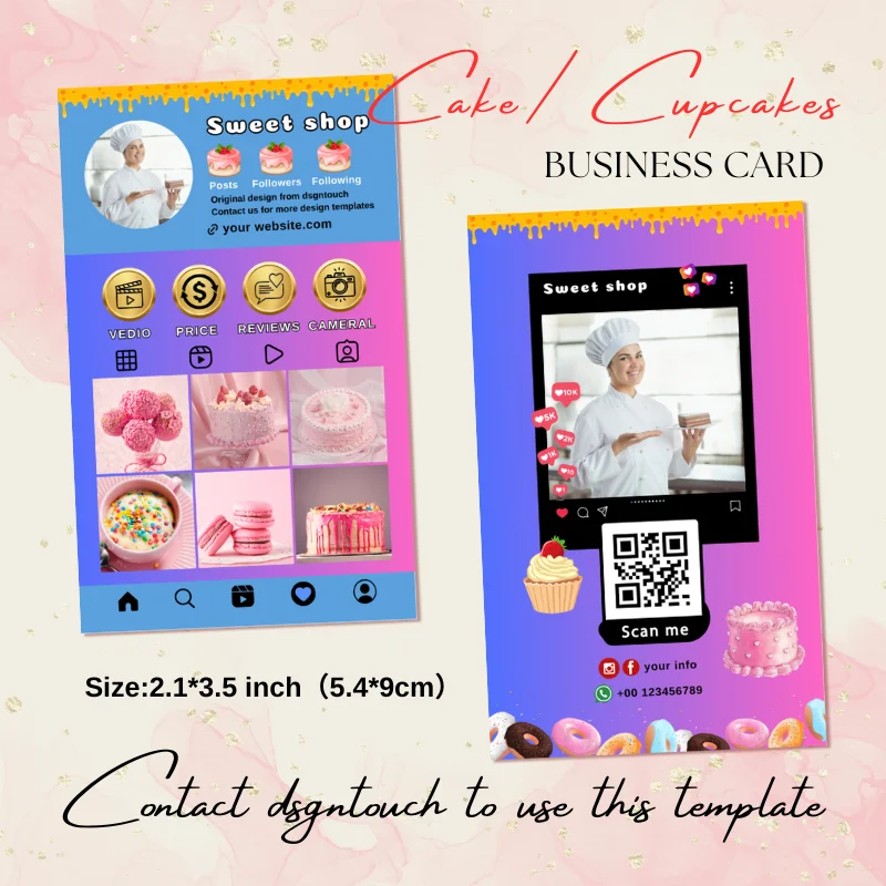 DsgnTouch Sweets Business Card for Chocolate Cupcake Cake Bakery Card with Professional Social Media QR Code  Canva Template