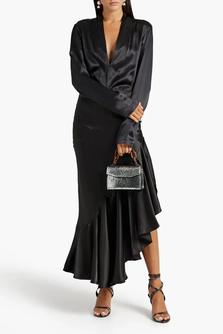 High Waist Asymmetric Ruffled Satin Midi Skirt Black Women Clothing With Buttons Soft Stin Skirts Elegant Woman Clothes