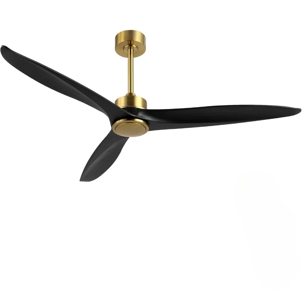 No lights Indoor outdoor ceiling fan, 3 carved solid wood blades, no noise, no lights ceiling fan, brass finish, black blades