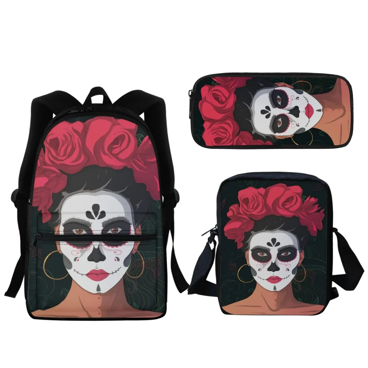 3PC zaini ritorno a scuola regalo di Halloween Horror Thriller Skull Rose Girl Design Fashion Backpack Portable Lunch Satchel nuovo