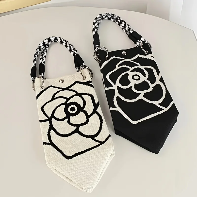 Black and White Flower Pattern Knitted Handbag, Women's Elegant Large Capacity Handbag, Versatile and Portable for Commuting image 6