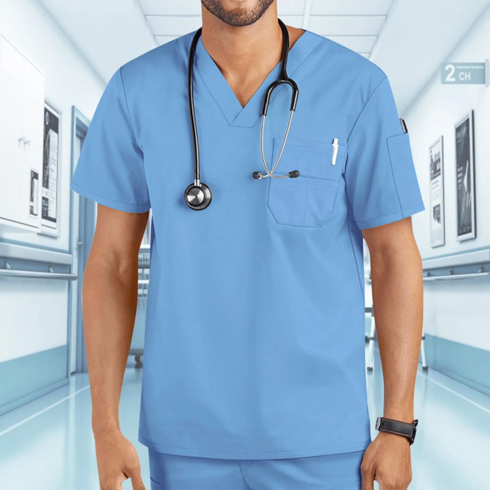 Medical Uniform Mens Scrub Tops Shirt Solid Pocket Short Sleeve Blouse Male Workwear Athletic Nursing Uniform Surgical Overalls