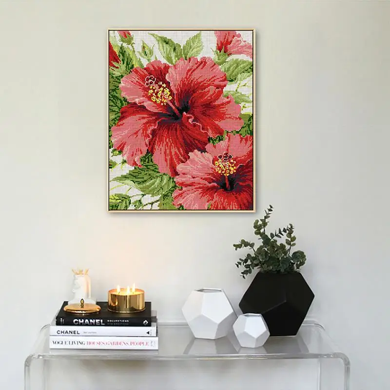 Joy Sunday Floral Cross Stitch Kits Red Hibiscus Aida 14CT 16CT 11CT White Printed Fabric DMC Thread Embroidery DIY Home Decor