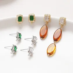 4PCS Rectangle Zircon Emerald Ear Studs Earrings for Jewelry Findings Components DIY Hand Made Brass 14k Gold Plated 9*14mm