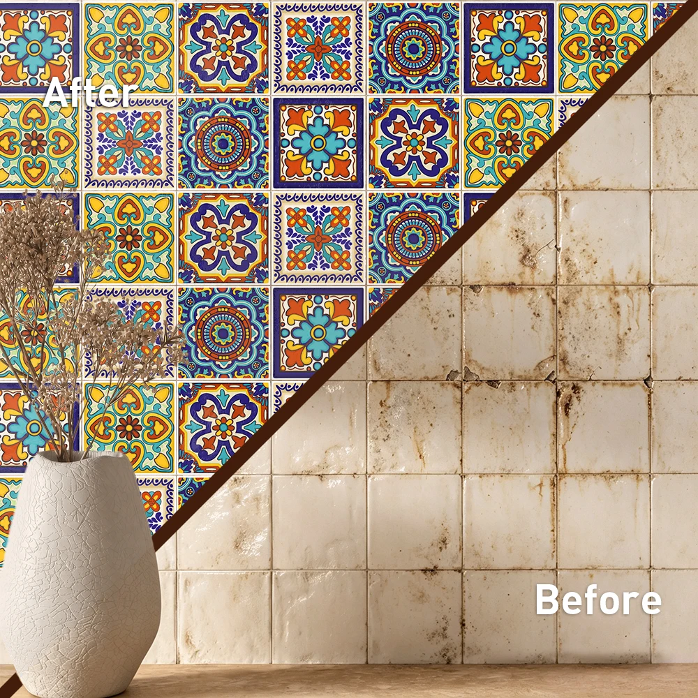 Ethnic Motif Tile Stickers Waterproof Peel and Stick Self Adhesive Oil Proof Backsplash Decals Floral Wallpaper for Boho Kitchen