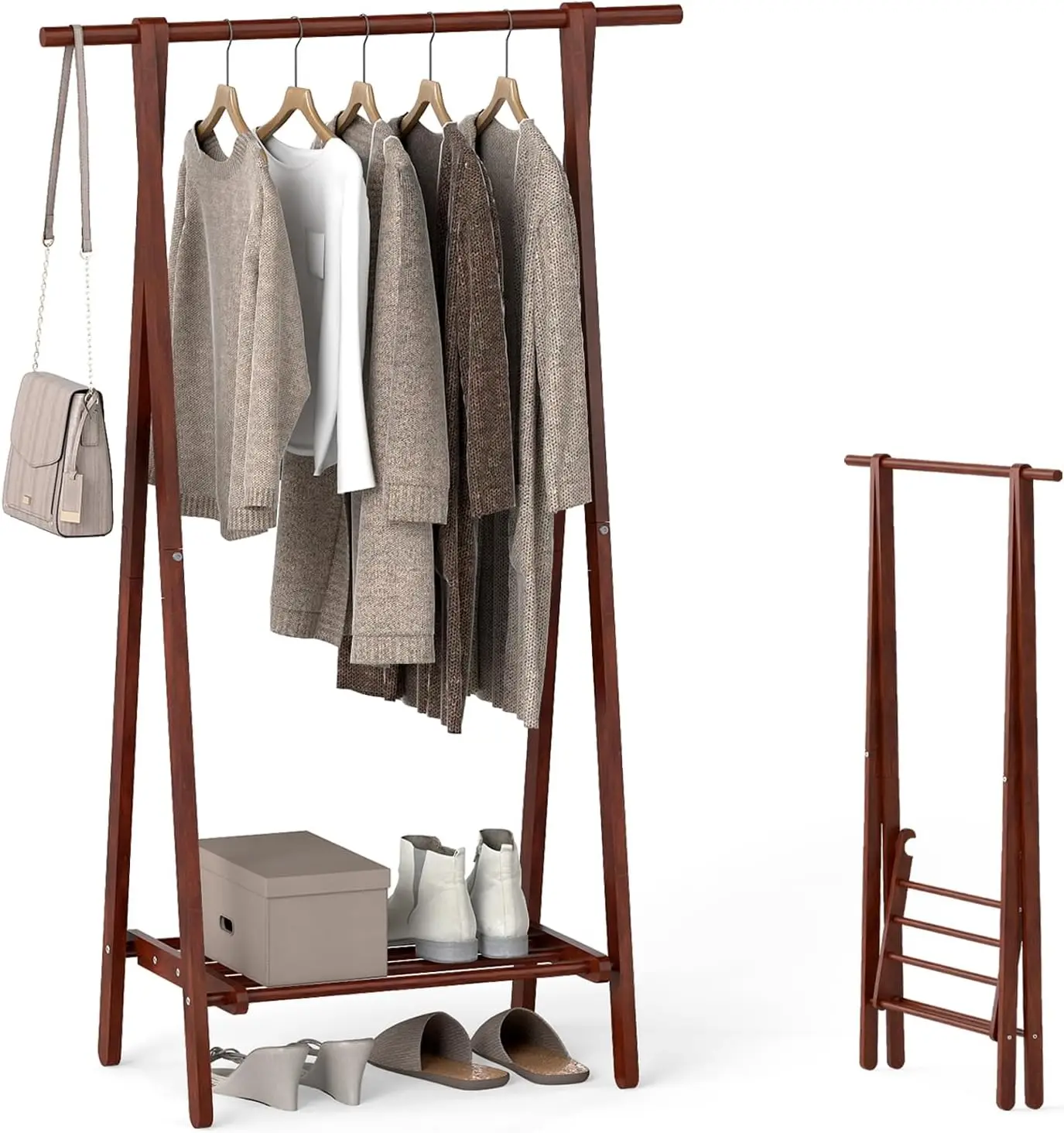 

Folding Rubber Wood Clothes Hanging Rack, Standing Garment Rack with Bottom Storage Shelf, Portable Clothing Organizer for Be
