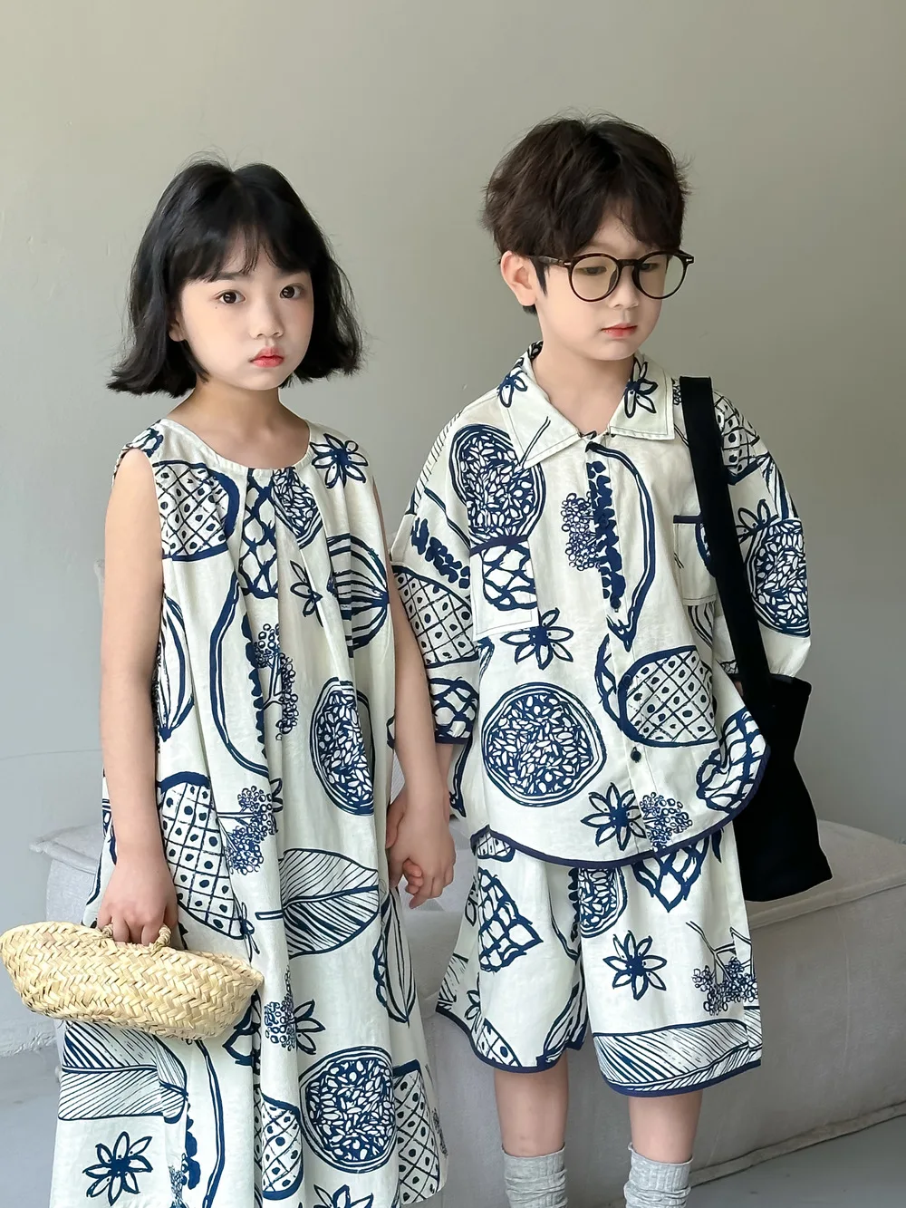 Summer Brother And Sister Clothes Fashion Print Girls Dress Kids Boys Shirts Shorts 2Pcs Set Children's Sibling Vacation Outfits