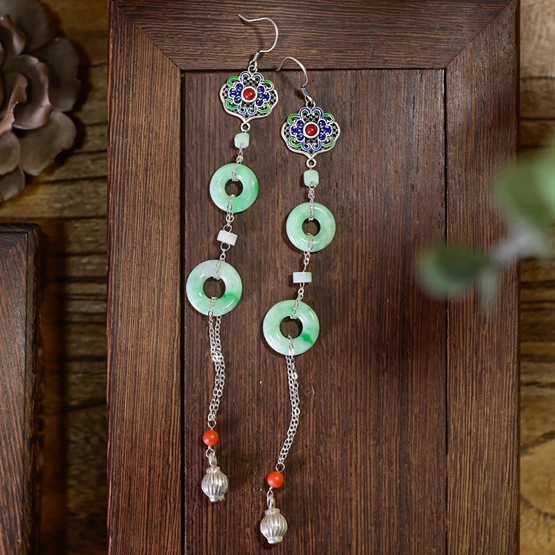 

Natural Jadeite Donut Long Earrings Retro Ethnic Style S925 Sterling Silver Earrings Safety Buckle Earrings Women