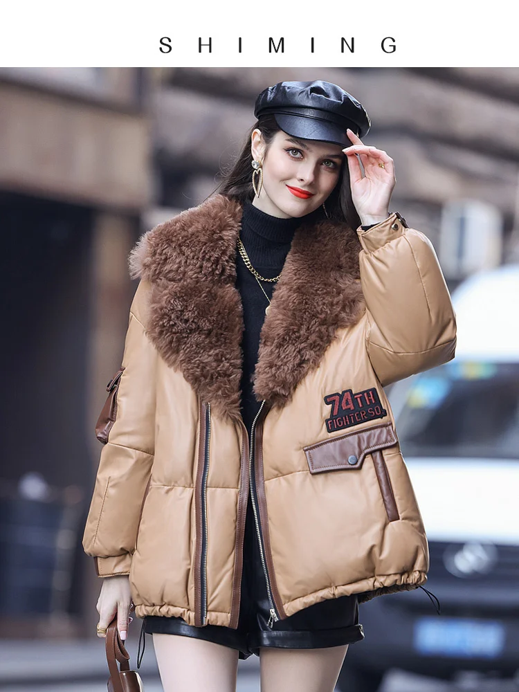 

2023 Winter New Fashion Young Genuine Leather Down Coat Women's Mid Length Icelandic Fur Fur Collar Haining Leather Coat