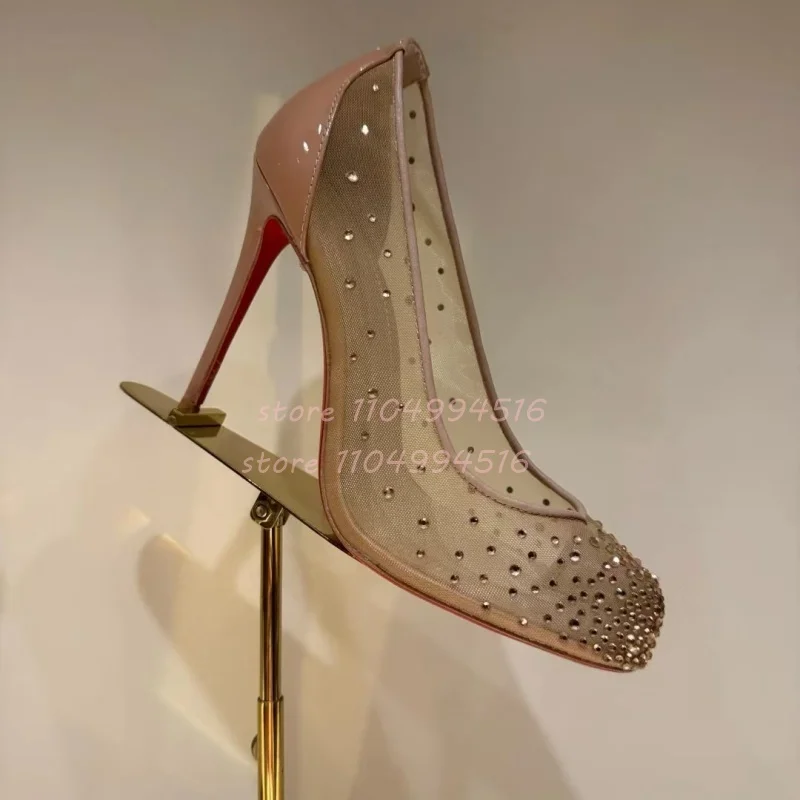 Split Toe Mesh Rhinestone Stiletto Pumps Women Diamond Studded Shallow Solid Thin Heels Lady Elegant Party Wedding Single Shoes