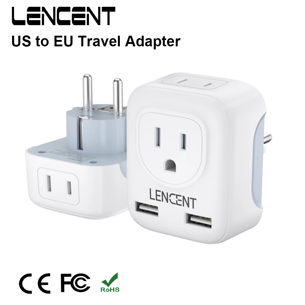 LENCENT US to EU International Power Adaptor with 2 USB Ports 2 American Outlets 4 in 1 Type E/F Outlet Adapter for Travel