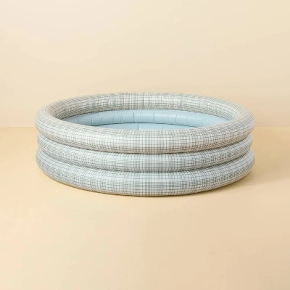 

132 Gallon Inflatable Kiddie Pool Round Layered Plaid PVC Material Fill Line Air Pump Required Backyard Fun Ages 2 Plus