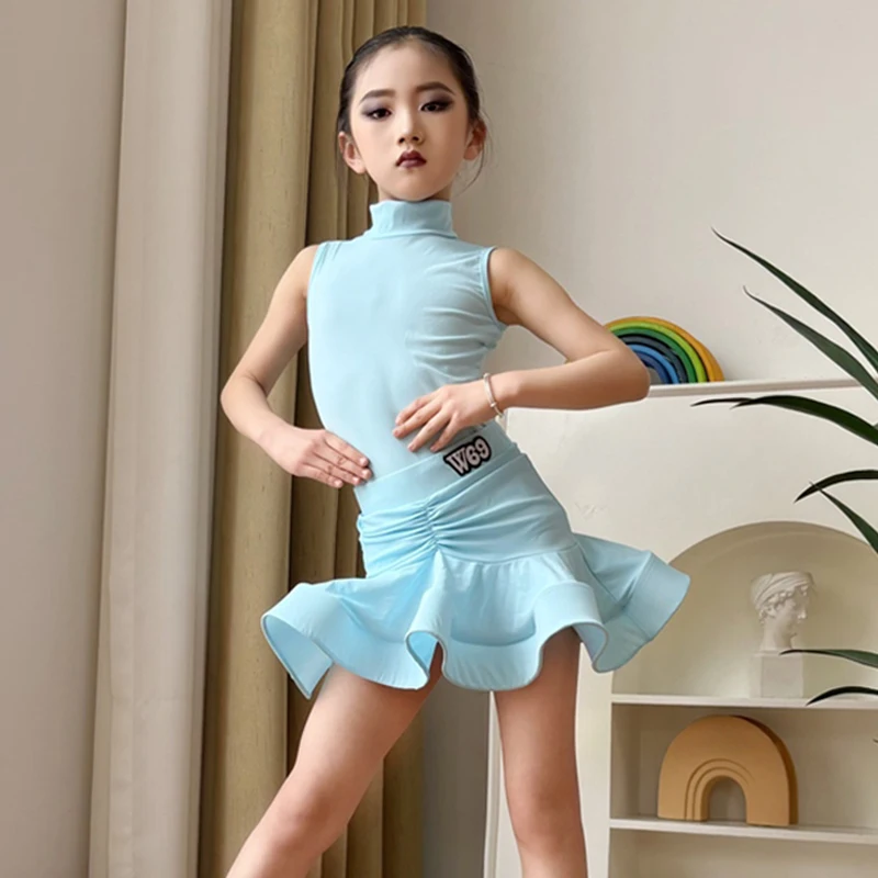 

Latin Dance Competition Dress Girls Blue Summer High Collar Bodysuit Fishbone Skirt Tango ChaCha Performance Suit Dancewear 3651
