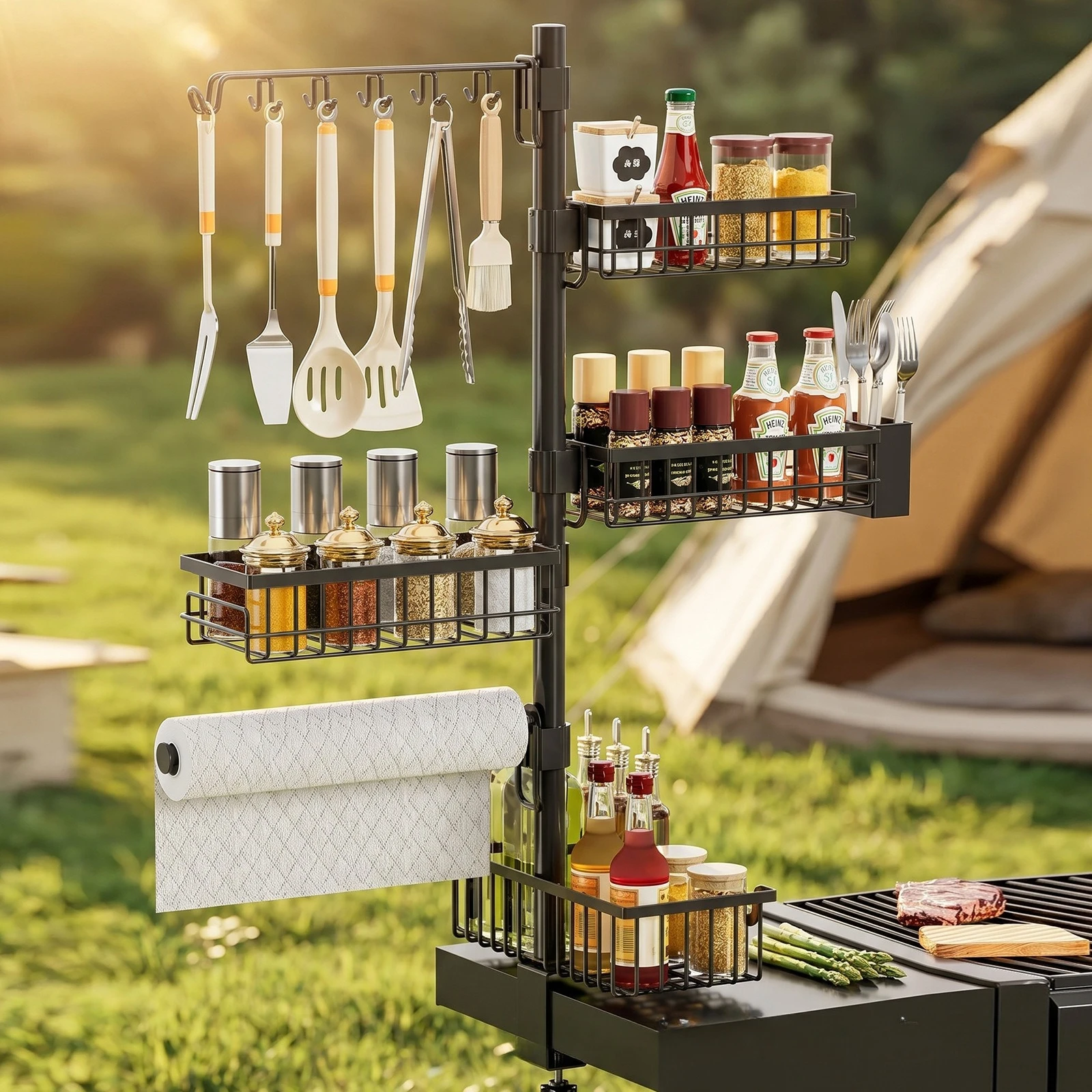 outdoor-bbq-accessory-rack-grill-side-shelf-caddy-with-tool-hooks-paper-holder-for-camping-picnic
