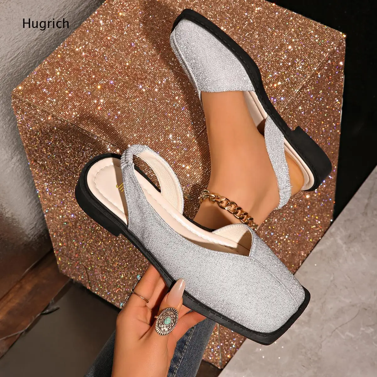 Sparkly Glitter Slingback Flat Shoes Square Toe V Notch Design Elastic Back Strap Comfort Casual Wedding Footwear