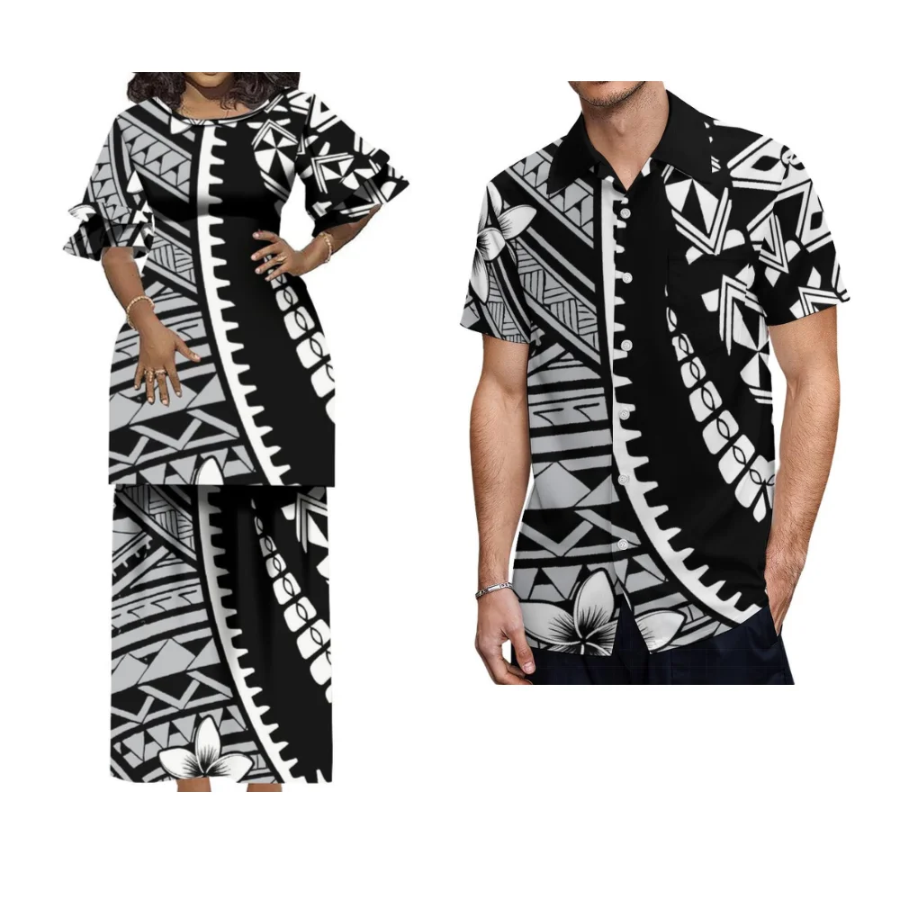 

Summer Temperament Women's Puletasi Dress Men's Short Sleeve Shirt Polynesian Print Custom Couple Dress