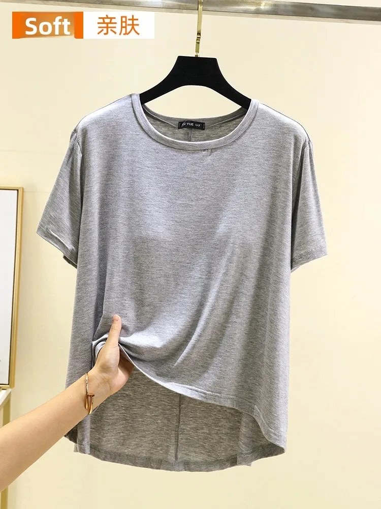 Modal rond Ne Svel T-irt femmes été mince décontracté grande taille sans soutien-gorge Base irt juillet cerf loisirs Sle ort Sve