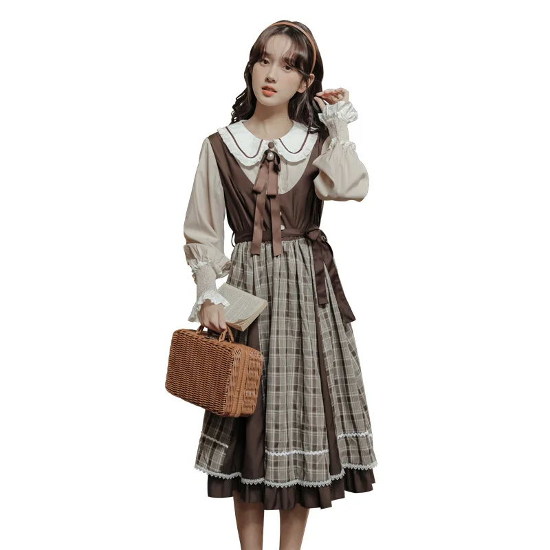 

Новинка 2023 года, весенне-осеннее ретро-преппи, японское, корейское, темно-синее, клетчатое платье с воротником, женское кавайное платье из двух предметов в стиле Лолиты
