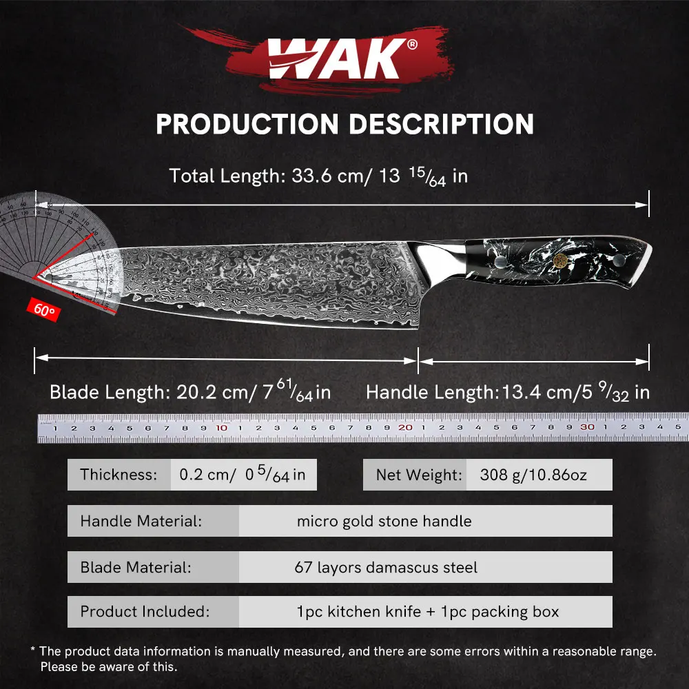 WAK 8\'\' Chef Knife Kitchen Tool 67 Layers Damascus Steel Full Tang Meat Vegetable Cutting Tool with Micro Gold Stone Handle