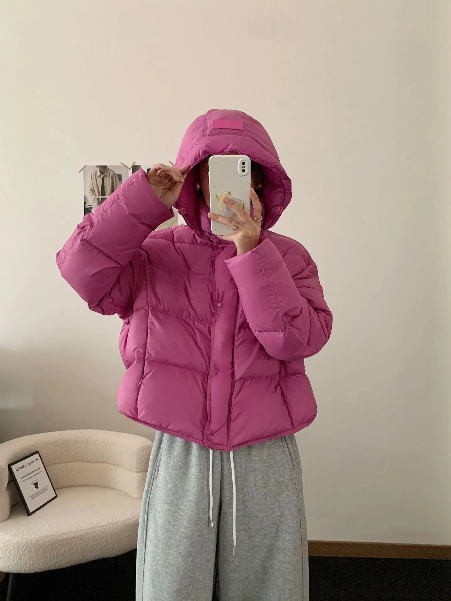 Korean Cropped Hooded Down Jacket for Women Winter Thickened White Duck Down Coats Woman Solid Color All Match Puffer Jackets