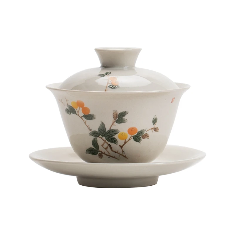 Grass and Wood Ceramic Gaiwan, Retro Brewing, Covered Bowl, Kung Fu Tea Set, Household Ceremony Pot, Landscape, Retro Style view 4