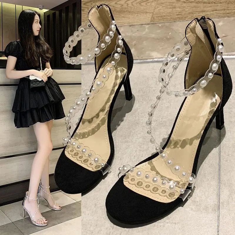 Summer 2024 Open Toe Footwear Thin Heels Sandals for Woman Silver Diamond Women\'s Shoes Clear Stiletto Transparent Rhinestones H