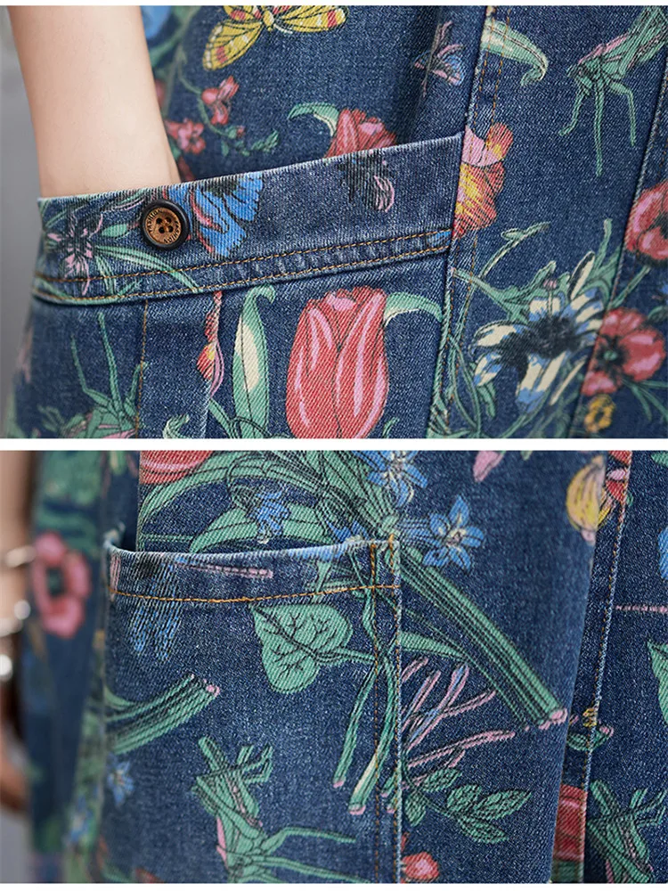 Fashion Streetwear Print Floral Denim Jumpsuit Women Casual Loose Wide Leg Pants Rompers Big Size Pockets Straps Jeans Overalls