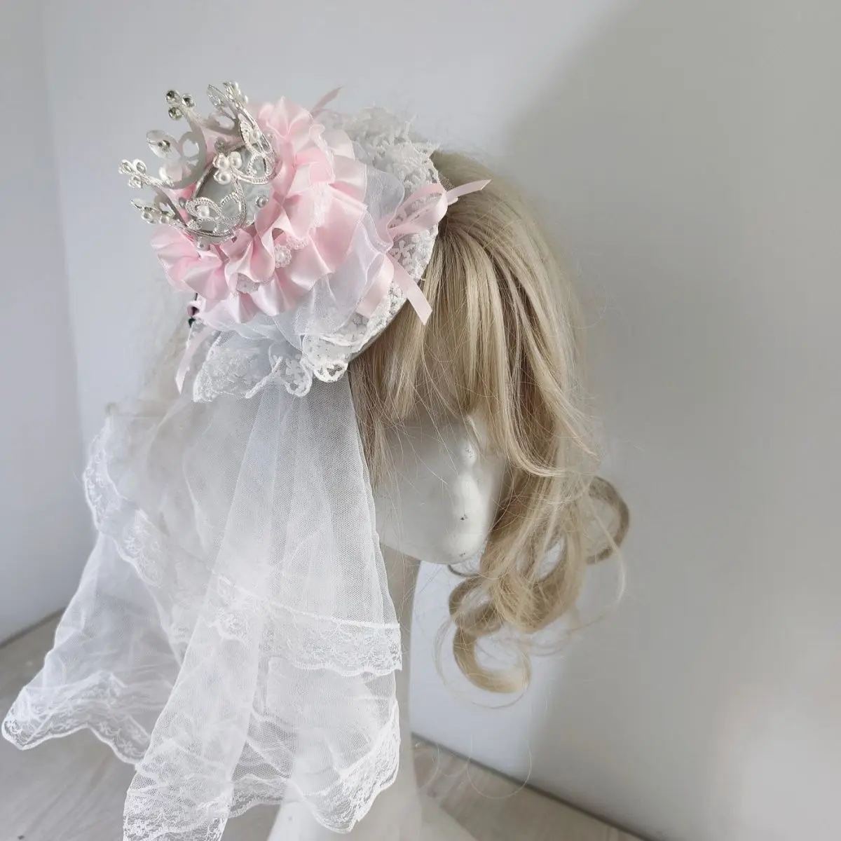 

Original Pink Gorgeous Sweet Lolita Crown Fascinators, Bow Christmas Lace Birthday Hat Hair Clip