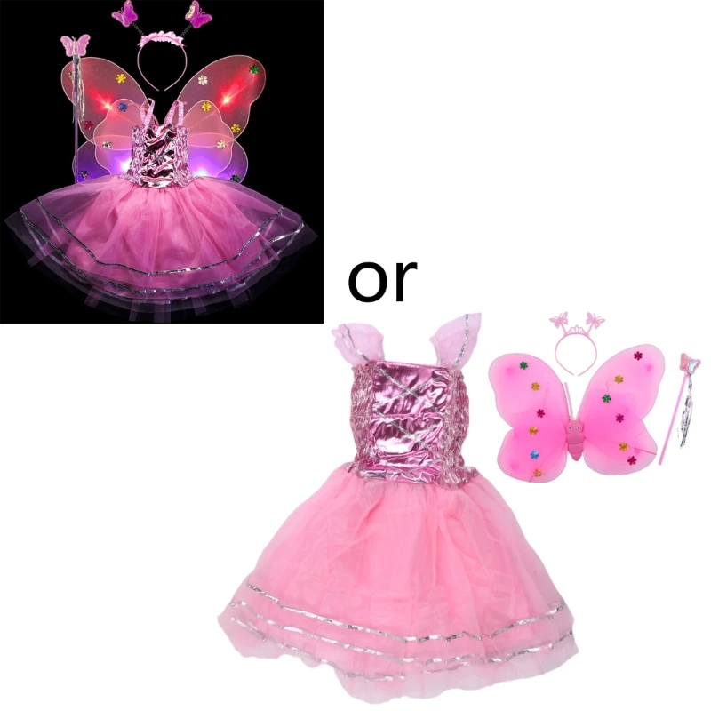 

4pcs Kids Girls Fairy Cosplay Costume Set Metallic Sleeveless Dress LED for Butterfly Angel Wing Wand Headband Fancy Dress