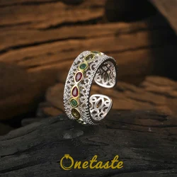 925 Sterling Silver Two Tone Colorful Zircon Wide Open Rings For Women Vintage Lace Hollow Craft Court Style Chic Ring Gift