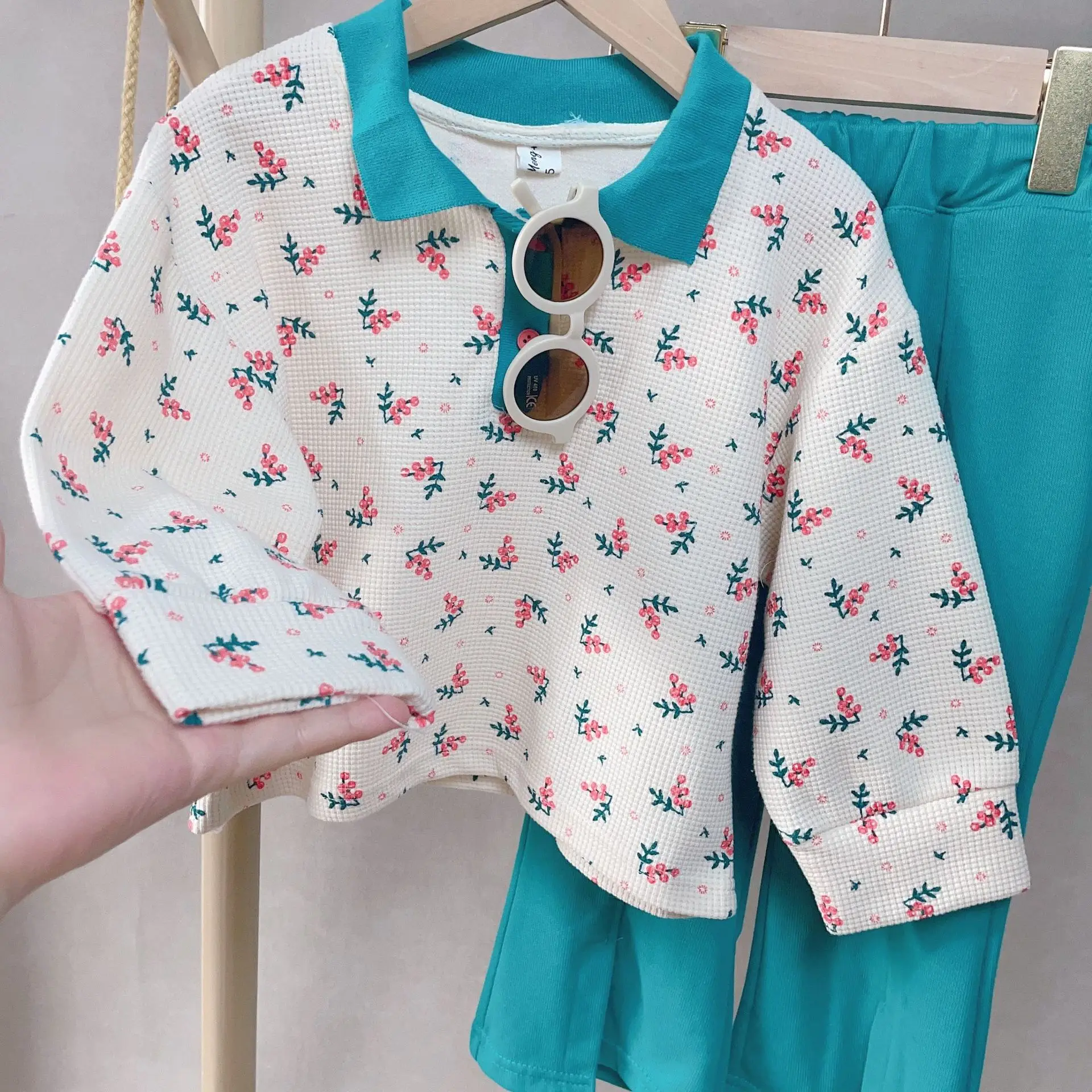 2024 Autumn New Girls Suit Cute Floral Lapel Sweater+Flared Pants 2pcs  Spring Casual Comfortable Children\'S Fashion Kids Outfit