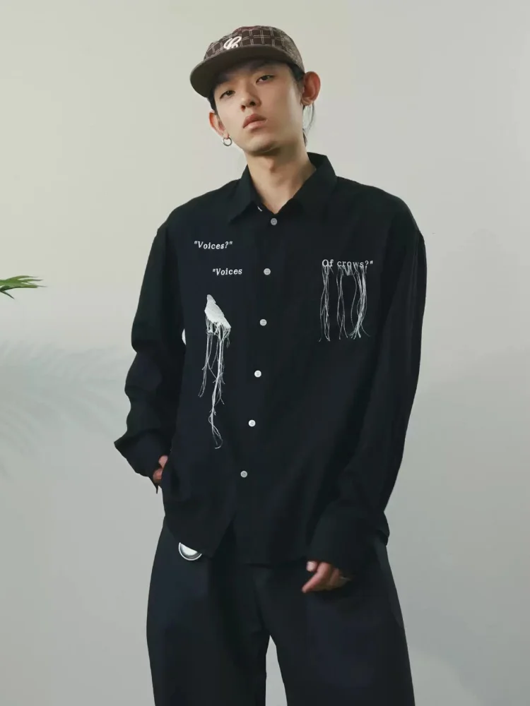 

Мужская рубашка в американском стиле с вышивкой и бахромой, с длинным рукавом, для уличного стиля, повседневная, свободного кроя, новый стиль