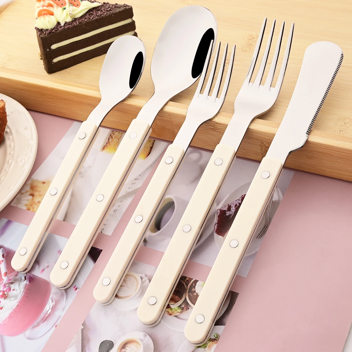 4/20Pcs Beige Acrylic Handle Dinnerware Set Stainless Steels Cutlery Set Knife Fork Spoon Tableware Set Western Kitchen Flatware