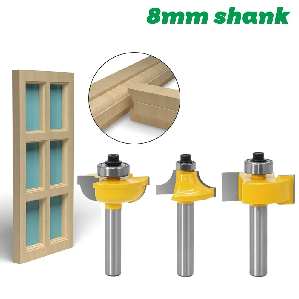 

3PC 8mm Shank Glass Door Router Bits Round-Over Bead Set w/ cutter Tenon Cutter for Woodworking Tools