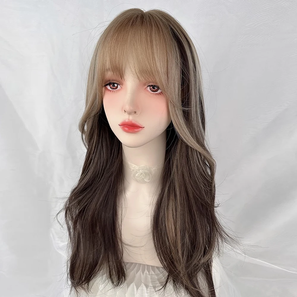 VICWIG Long Wavy Synthetic Brown Mix Layered Wig with Bangs Women Lolita Cosplay Fluffy Hair Wig for Daily Party