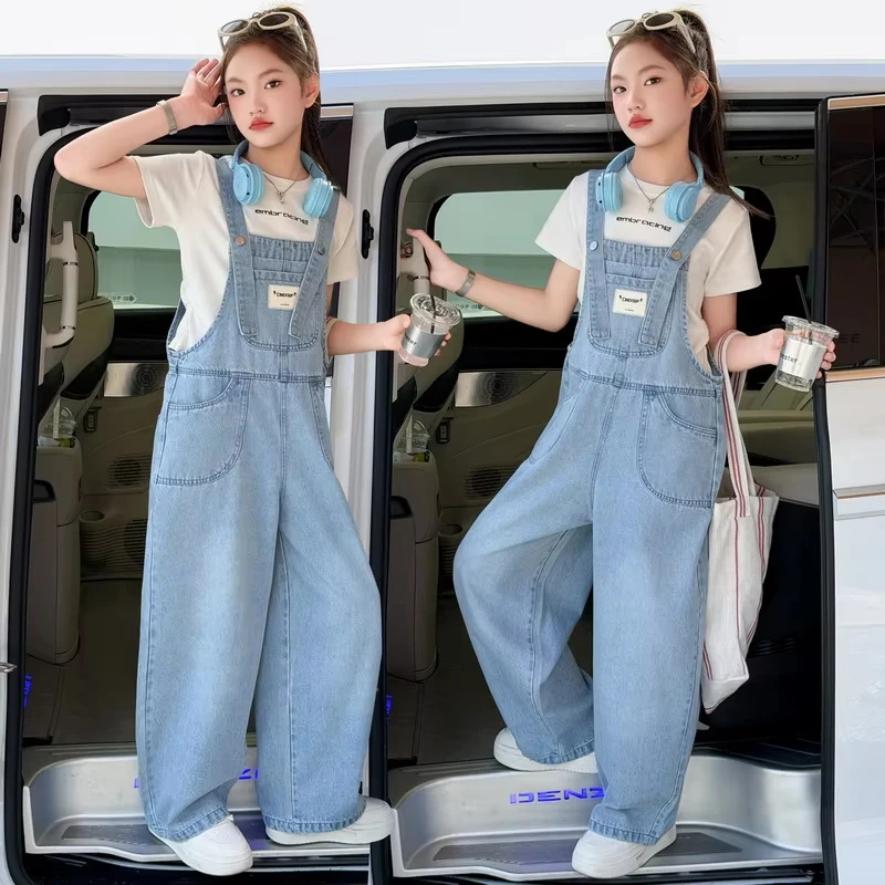 Children Denim Bib Suspender Pants New Fashion Kids Girls Overalls Jumpsuit Jeans Loose Casual Teenagers Denim Dungarees 4-14Yrs