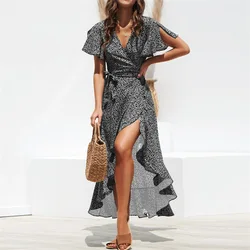 2024 women's sexy V-neck irregular high waisted lace up chiffon printed sweet temperament dress